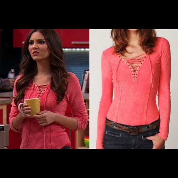 Free People Tops - Free People Lace Up Chilton Henley Top Womens L Pink ASO Tori Vega Victorious